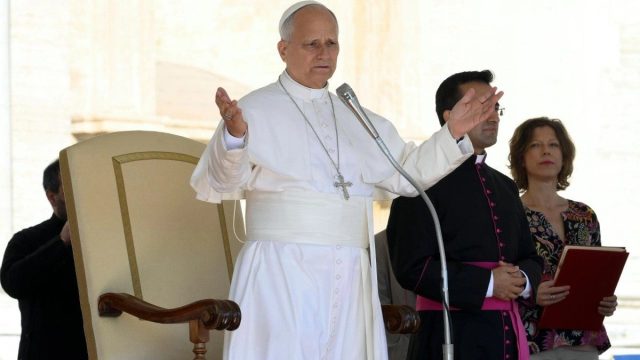 Pope Leo XIV speaking at his weekly general audience