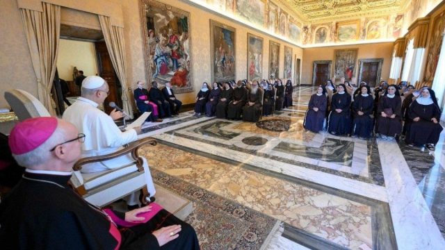 Pope Leo XIV speaking to members of the Federation of Capuchin Poor Clare Nuns of Italy at the Apostolic Palace in the Vatican
