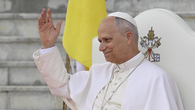 A large crowd gathered in an open-air square in France for a Mass celebrated by the pope