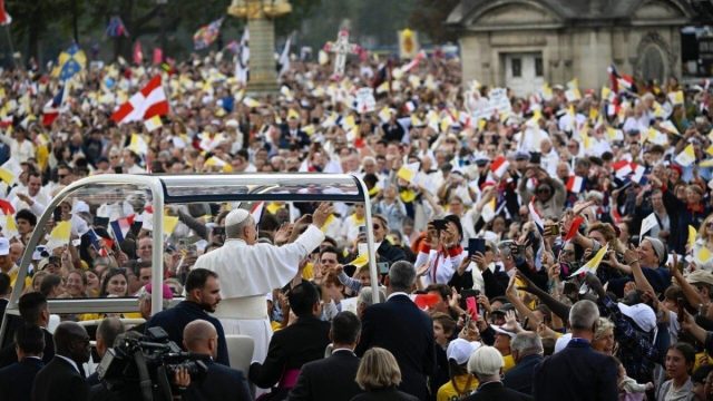 Pope Leo XIV speaking during his visit to France