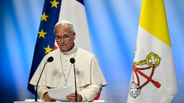 Pope Leo XIV speaking at a lectern during the event on Europe, peace and unity in Metz, France