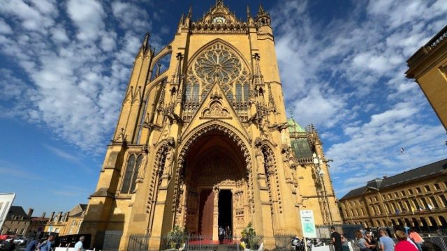 The Gothic cathedral of Saint-Étienne rising above the rooftops of Metz, France