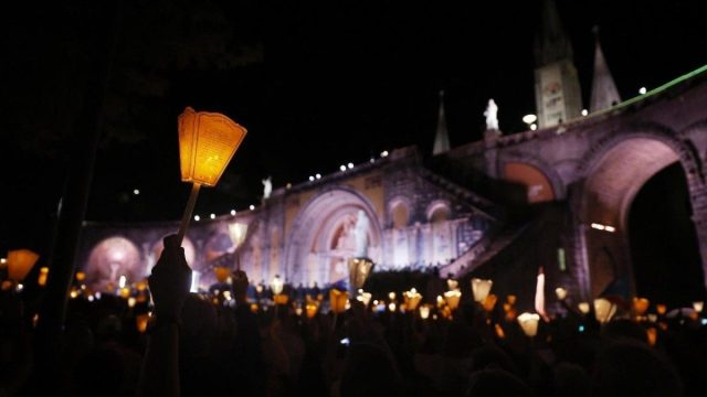 Pope Leo XIV in conversation with victims of abuse during his meeting with them in Lourdes