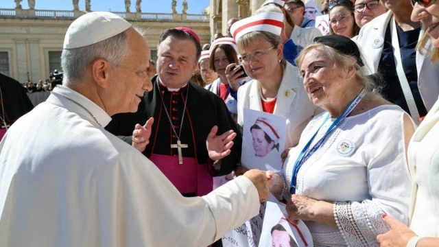 Pope Leo XIV greeting pilgrims during his general audience at the Vatican