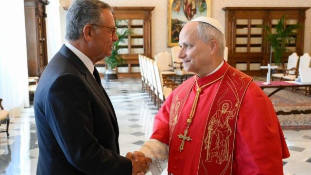 Pope Leo XIV greets Portuguese President António José Martins Seguro during an audience at the Apostolic Palace in the Vatican