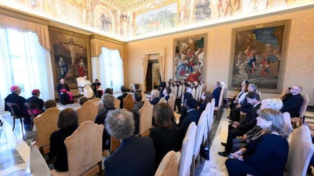 Pope Leo XIV speaking to members of the Pope Leo XIV International Center for Studies in the Consistory Hall at the Vatican