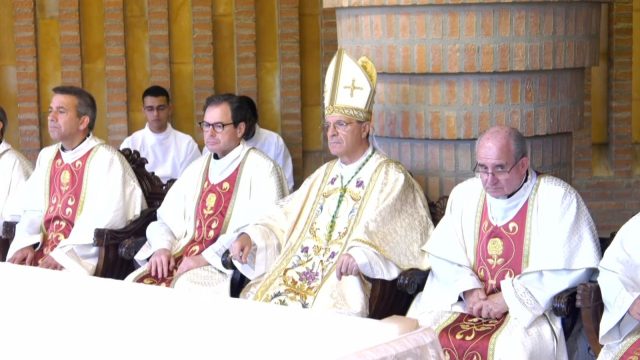 Msgr. Alejandro Arellano with Ignacio Barrera and rector Ángel Lasheras during the Marian Family Day at the Torreciudad shrine