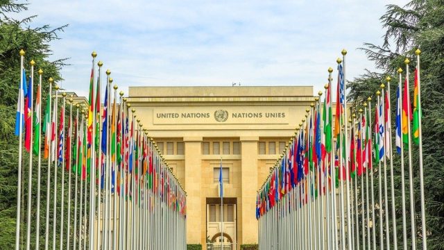 The United Nations General Assembly hall during a session