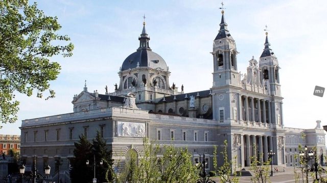 The monumental entrance portico of the Cemetery of Nuestra Señora de la Almudena in Madrid