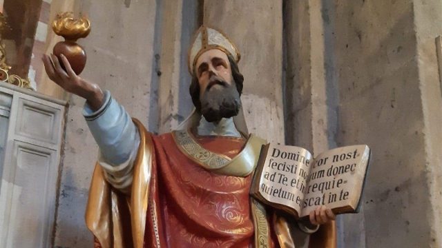 St. Augustine of Hippo, author of De civitate Dei, shown in a traditional depiction as a bishop
