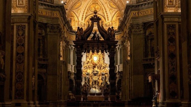 Chris Pratt walking alone inside the illuminated St. Peter's Basilica in a scene from the documentary on the Apostle Peter