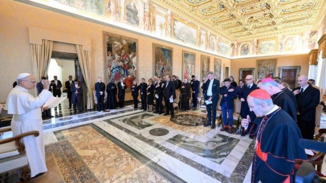 Pope Leo XIV speaking to artists and curators