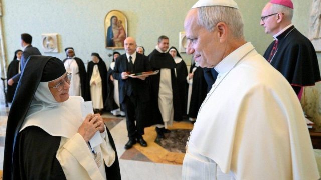 Pope Leo XIV addressing members of the International Commission of Dominican Contemplative Nuns at the Apostolic Palace in the Vatican