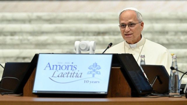 Pope Leo XIV speaking at the opening session of the Amoris Laetitia anniversary conference in the Paul VI Hall in Rome