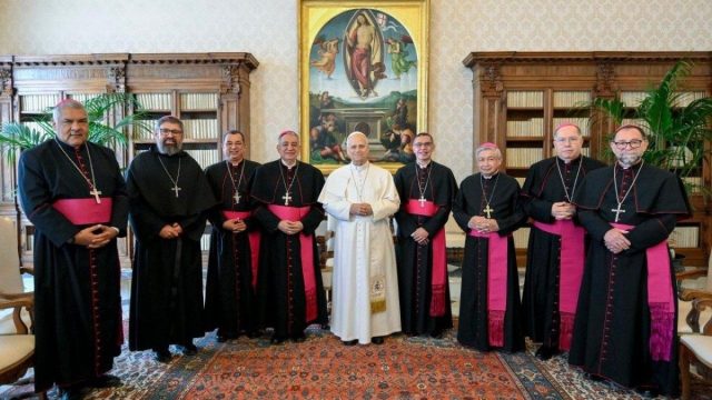 Pope Leo XIV seated with the delegation of bishops from Panama during their meeting at the Vatican