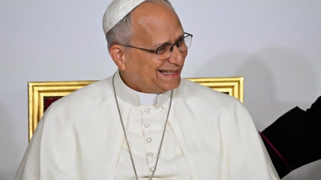 Pope Leo XIV holding a canvas painted with an olive tree covered in children's handprints, presented during the general audience in St. Peter's Square
