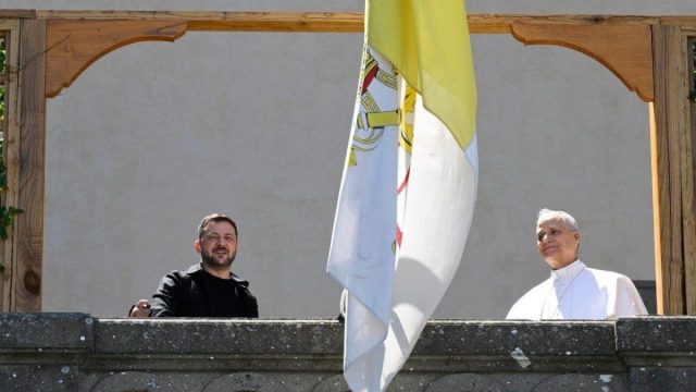 Pope Leo XIV speaking on the telephone with Ukrainian President Volodymyr Zelensky about a humanitarian truce in Oleshky