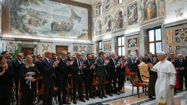 Pope Leo XIV speaking during an audience at the Apostolic Palace in the Vatican