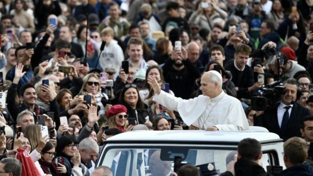 Pope Leo XIV addresses the crowd at his weekly general audience in St. Peter's Square