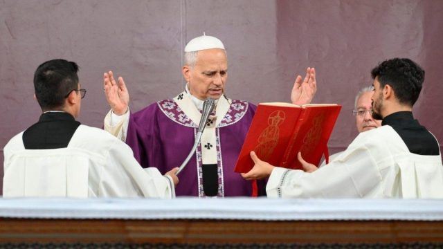 Pope Leo XIV, dressed in white, during a papal liturgical celebration