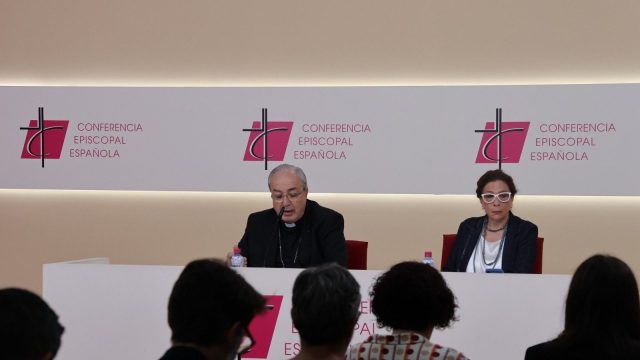 Bishops seated around a conference table during the standing committee meeting of the Spanish Bishops' Conference in Madrid