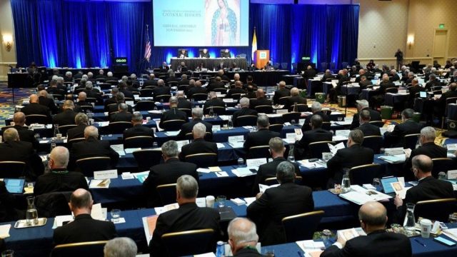 Bishops seated in rows at a plenary assembly of the United States Conference of Catholic Bishops